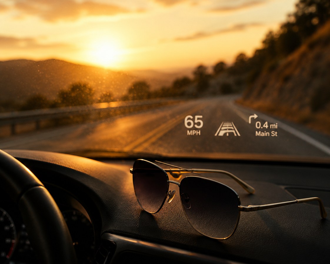Golden hour drive — HUDDYS aviator on the dash, heads-up display visible in the windshield