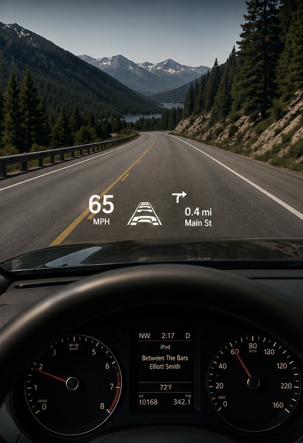Driver's view through HUDDYS — the heads-up display reads sharp, speed and navigation visible on the windshield