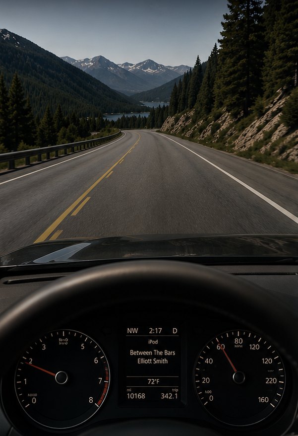 Driver's view through polarized sunglasses — the heads-up display is gone, the windshield reads dark